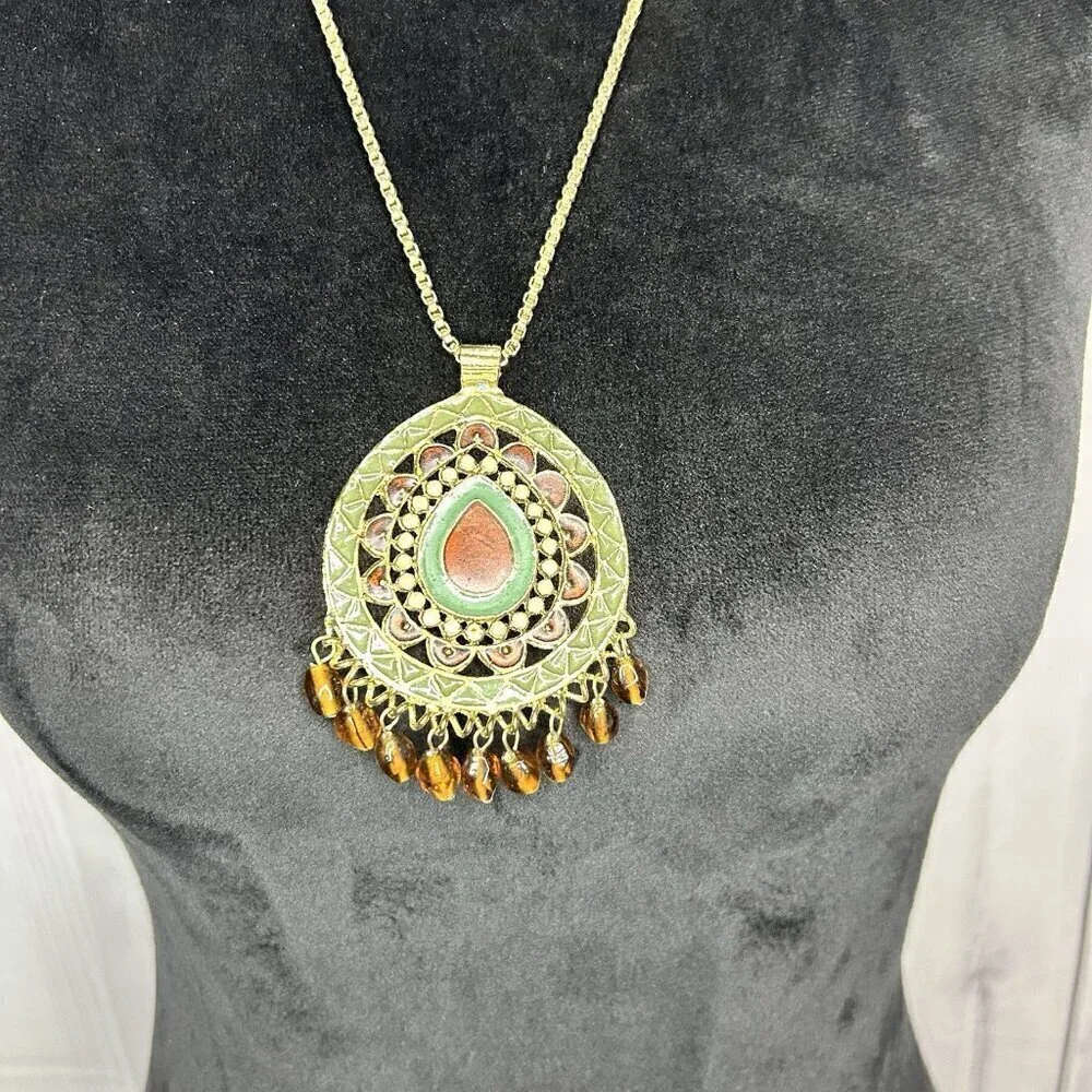 Vintage Gold Tone Pendant Statement Necklace Turquoise Amber Dangles 28